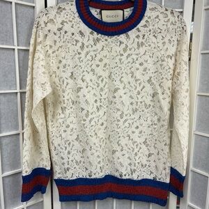 Gucci Women's Lace Sweater with Blue and Red Trim